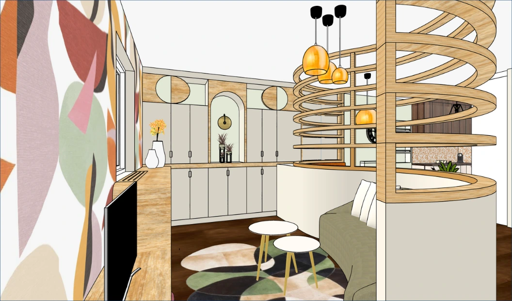 Salon avec claustra courbe – Projet Menestrels