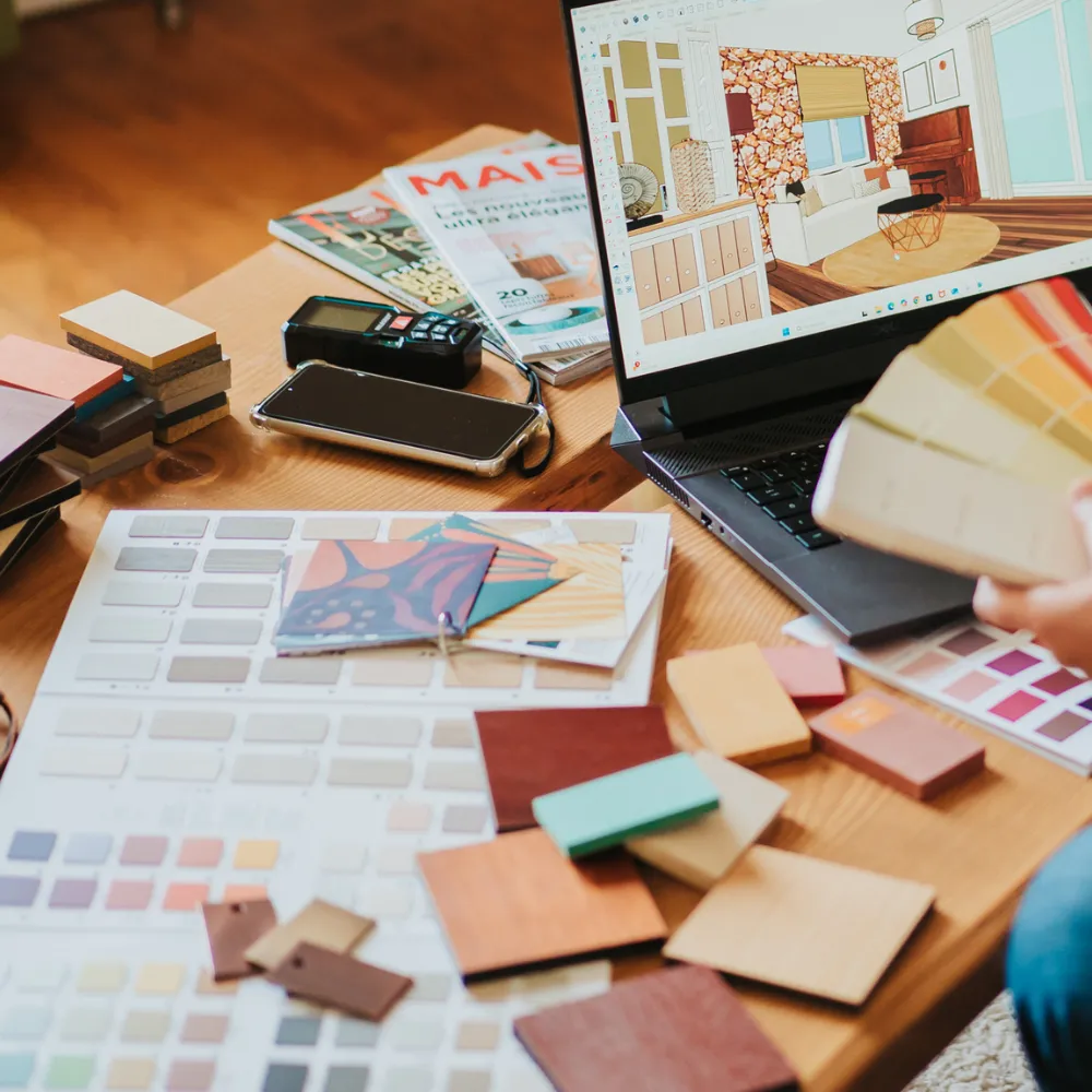 Conception 3D d’un projet d’aménagement intérieur avec nuancier et échantillons de matières.