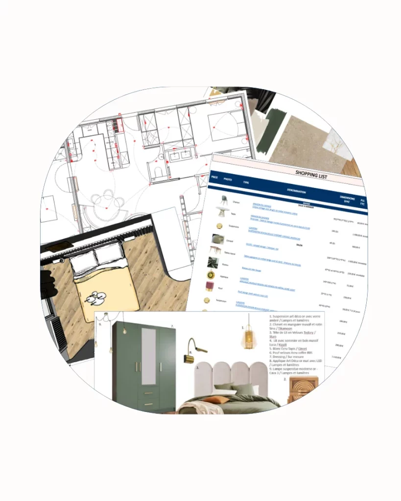 Dossier projet complet comprenant plans d’aménagement, planche mobilier et liste d’achats pour un intérieur sur mesure.
