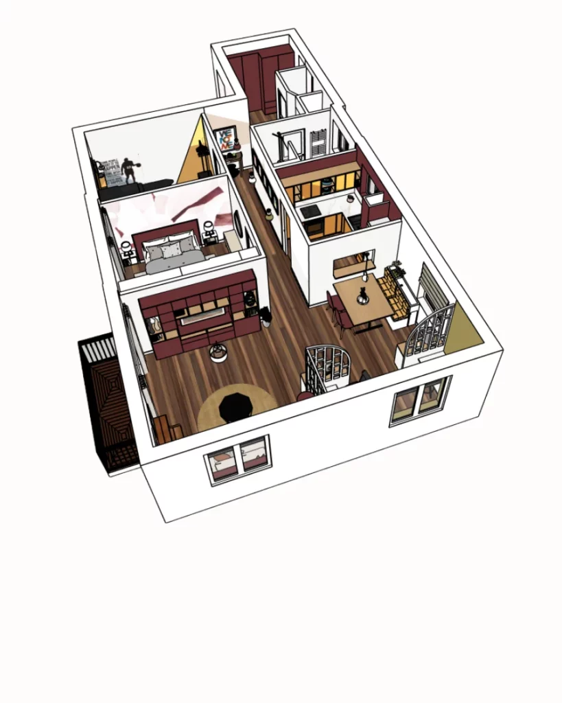 Vue 3D d’un projet d’agencement et décoration intérieure conçu par ADS Intérieur.