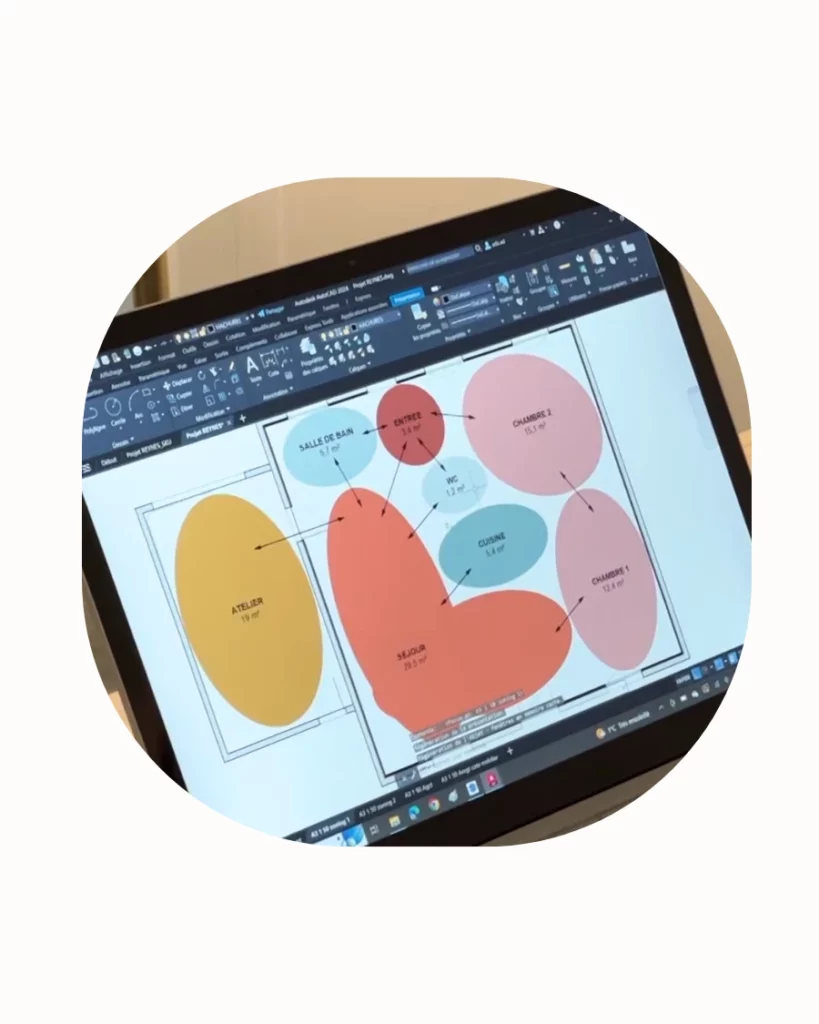 Proposition de zoning des espaces pour un projet d’aménagement intérieur réalisé.